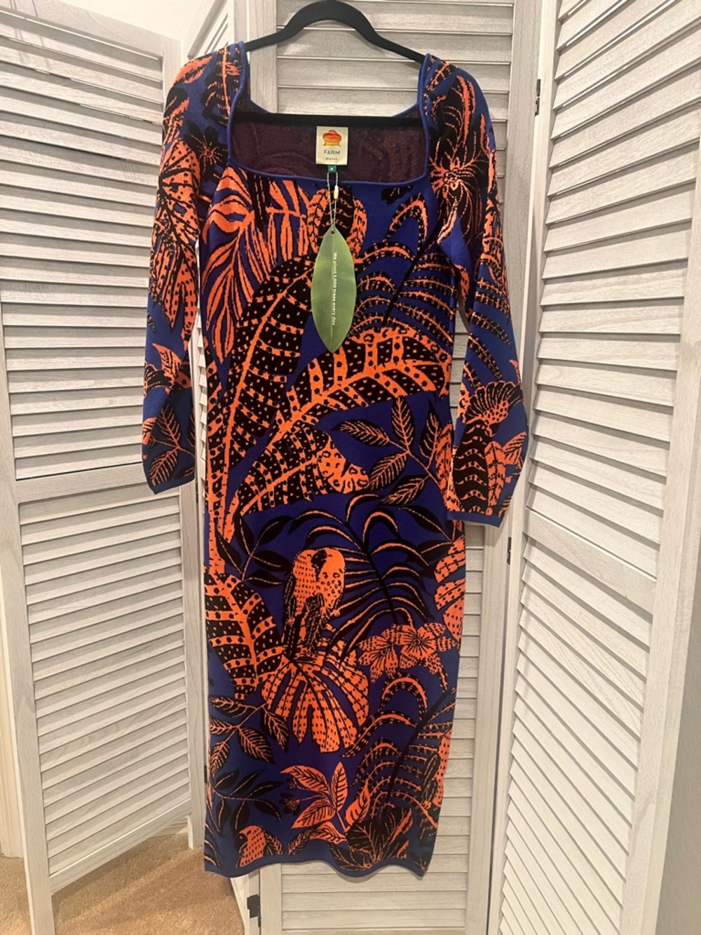 NWT FARM Rio Tropical Gold Blue Long Sleeve Knit Midi Dress Medium
